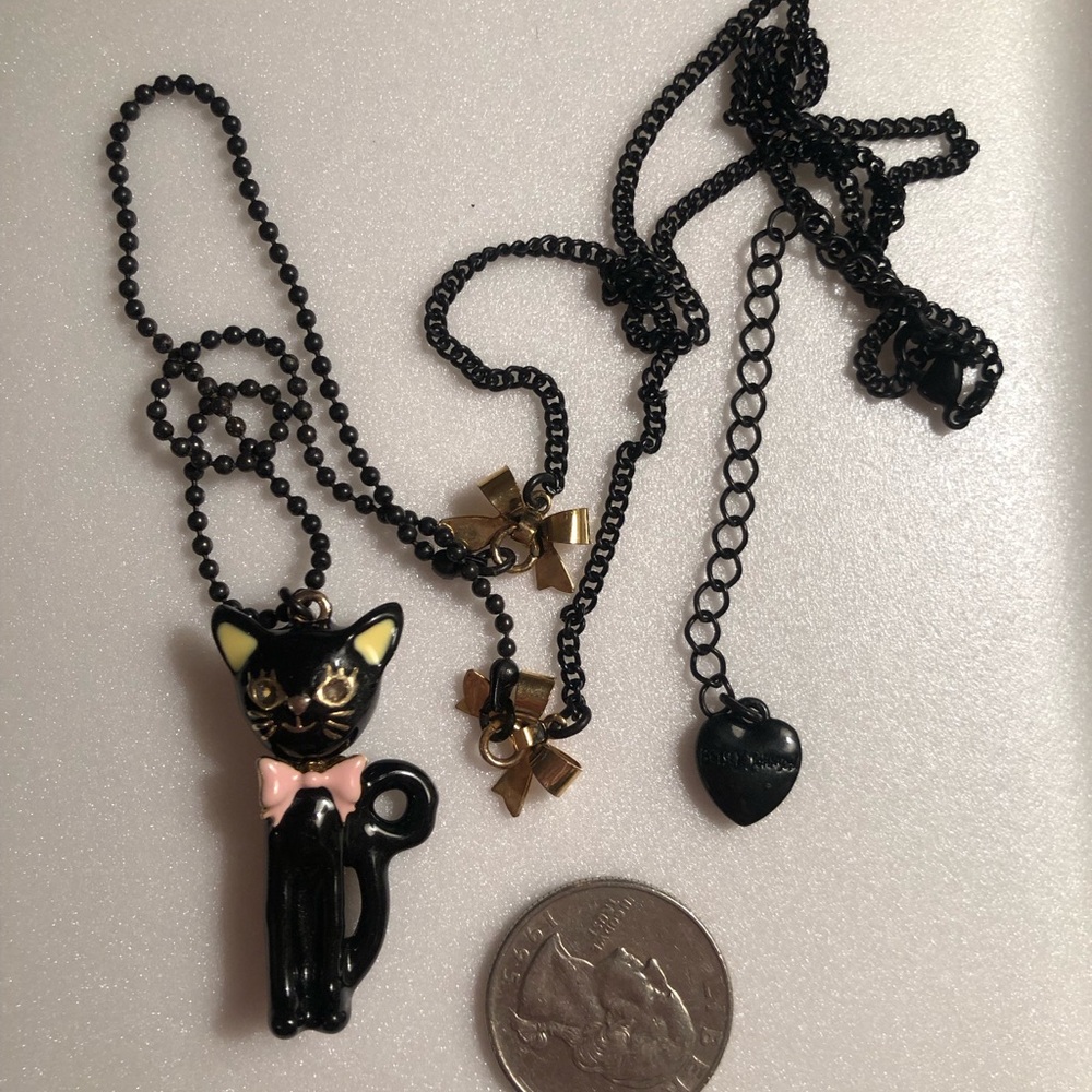 NWOT Vintage Betsey Johnson Black Cat Pendant Necklace with Pink Bow